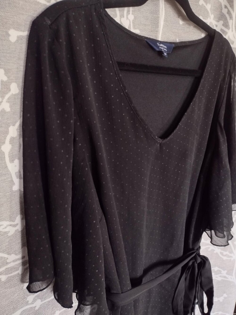 Reitmans Petite Black V-Neck Blouse with Sheer Flutter Sleeves